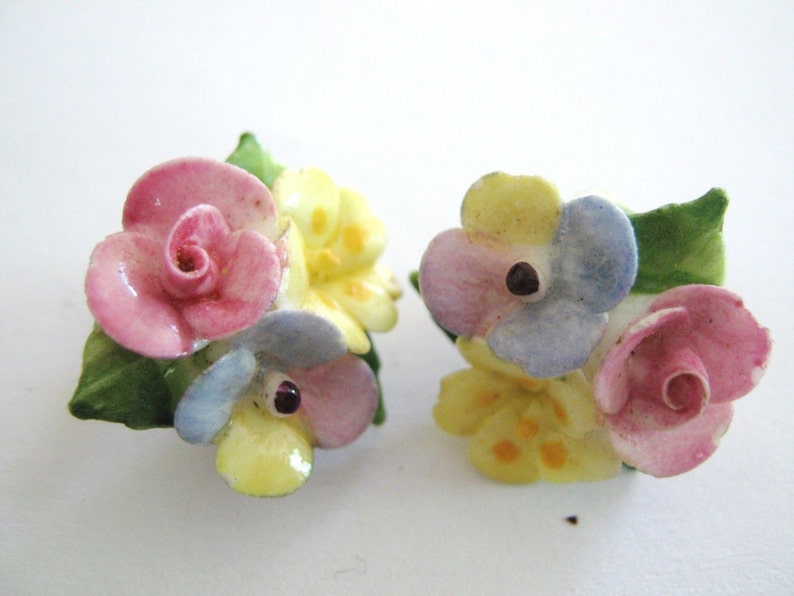 Vintage Rose Flower Porcelain Earrings Clip On Three Etsy
