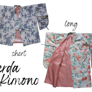 May include: Two Gerda Kimono jackets, one short and one long. The short jacket has a floral print with blue flowers on a white background. The long jacket has a floral print with peach-colored fruit on a light blue background. Both jackets have a pink satin lining.