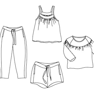 May include: Line drawing of a casual clothing set. The set includes a pair of pants, shorts, a tank top, and a long-sleeved shirt. All pieces have a drawstring waist. The tank and shirt have fringe detailing.