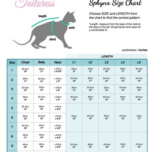 The Tailoress sewing patterns, Sphynx cat size chart