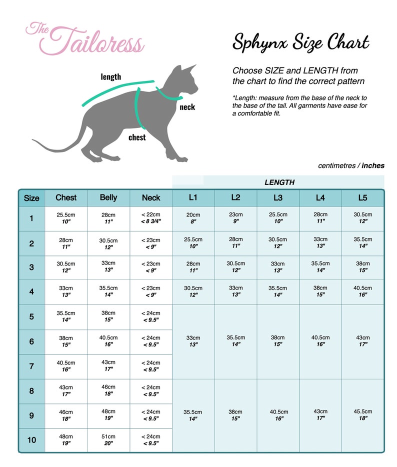 The Tailoress sewing patterns, Sphynx cat size chart