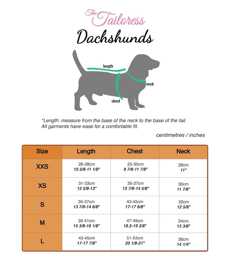 Puede incluir: Tabla de tallas para ropa de dachshund en cent&iacute;metros y pulgadas. La tabla muestra las medidas de cuello, pecho y longitud para las tallas XXS, XS, S, M y L.