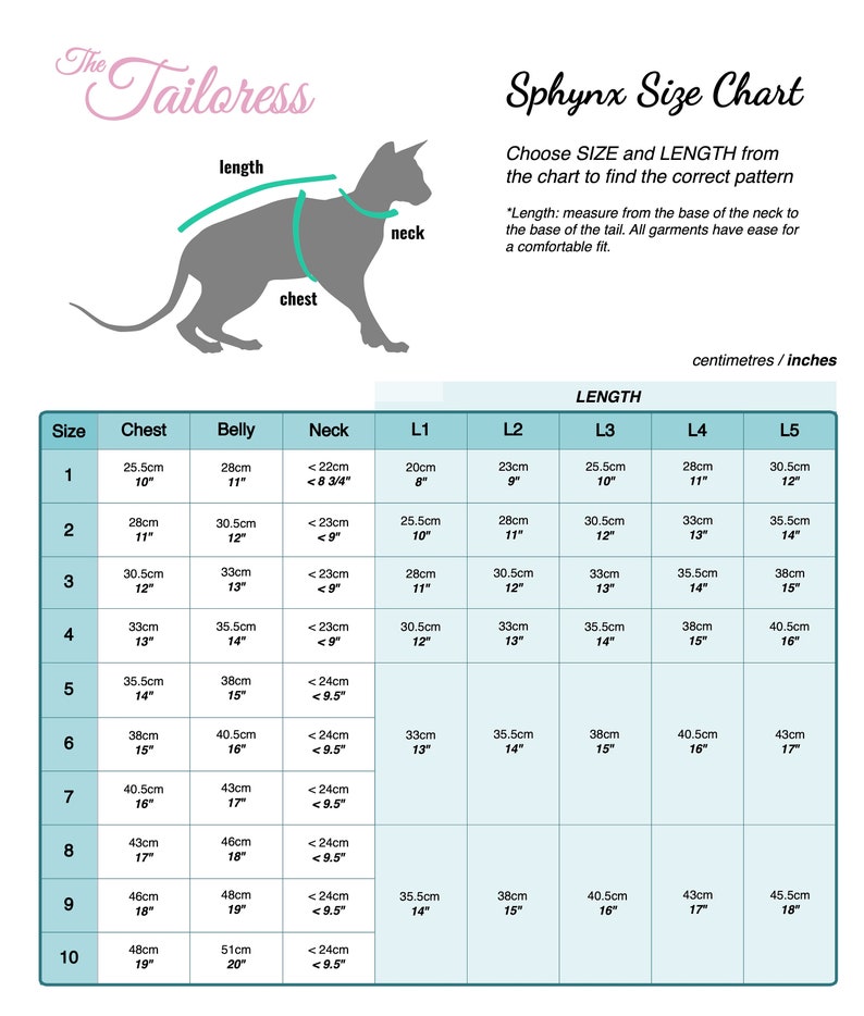 Cat Clothing Sewing Patterns Size Chart Find accurate size for your sphynx cat clothing cat sweater sewing pattern size chart