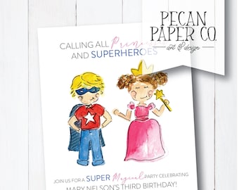 DIGITALE EINLADUNG Prinzessin und Superheld Geburtstagsfeier Einladung