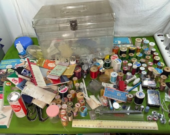 Vintage Sewing Notions Lot Wil-Hold Wilson Box LOADED Pinking Shears Scissors Thread 1950s 60s 70s