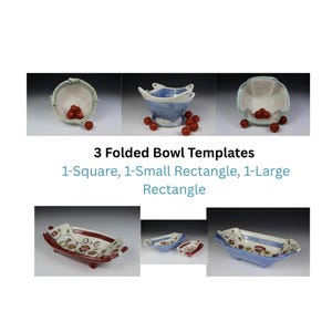 Puede incluir: Imagen que muestra tres plantillas de cuencos plegados: un cuadrado, un rectángulo pequeño y un rectángulo grande. Los cuencos son de cerámica, con varios colores y diseños. El texto dice "3 Folded Bowl Templates".