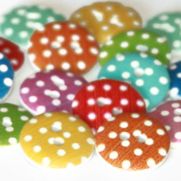 15 Polka Dot Wooden Buttons - 15mm - Spots - Green Blue Orange Yellow Pink and Red - Bright Painted Buttons - Wood Buttons UK - PW19