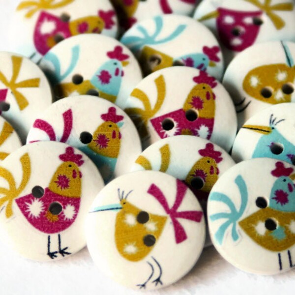 12 Easter Chicken Buttons 20mm - Printed Wood Buttons - Farm Animal Buttons - White Painted Wood - Fun Colorful Button - Mixed Color - PW104