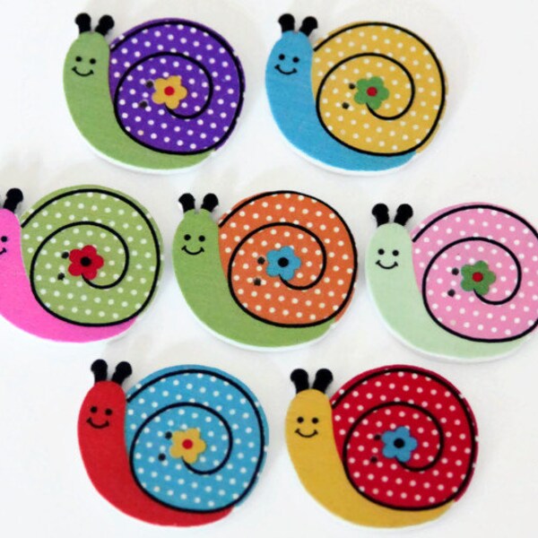 10 Snail Shaped Buttons - Painted Wood Buttons - 24mm x 28mm - Bug Buttons - Garden Buttons - Wooden Insect Buttons - PW90