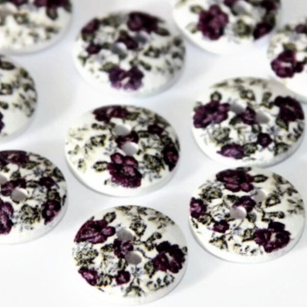 15 Wooden Flower 15mm Buttons - Floral Buttons - Round Painted Buttons - Round Natural Wood - Purple Black and White Buttons - PW44
