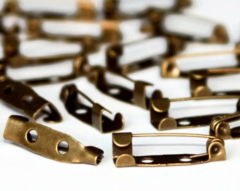 20 Brooch Pins 20mm Bronze Tone - Alloy Metal Findings - Jewelry Badge Clips - Safety Pin - Catch Brooch - Back Bar UK - Lead Free - F20