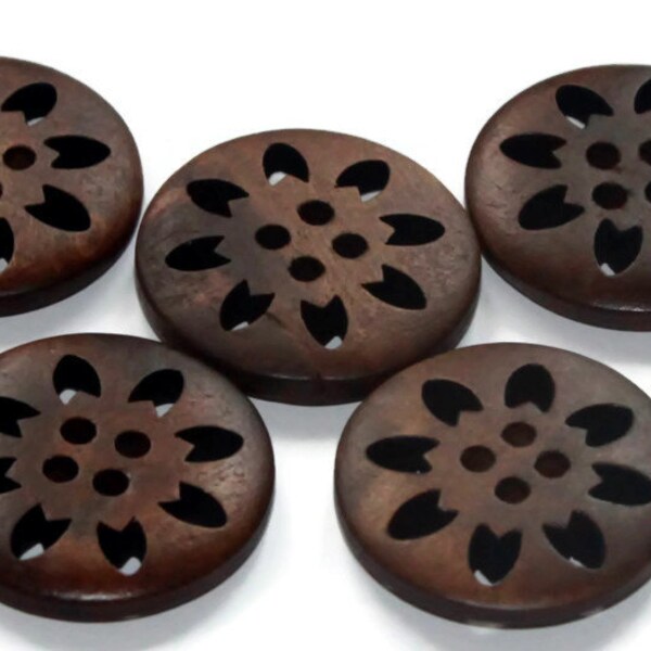 5 Chocolate Wooden Buttons 25mm - Brown Natural - Round Snowflake design - Laser Cut work - Hollow Flower - Pattern Buttons - NW29