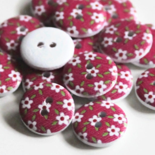 15 Floral Wood 15mm Buttons - Flowers Buttons - Round Painted Buttons - Round Natural Wood - Pink and White Buttons - PW33
