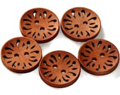 5 Coffee Wooden Buttons 23mm - Brown Natural - Round Laser Cut work - Hollow Flower Pattern Buttons - NW28