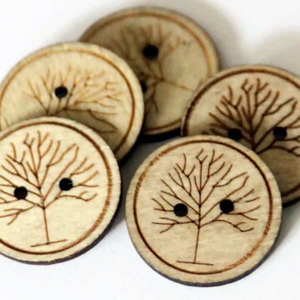 5 Wooden Tree Buttons 25mm - Tree Printed Button - Tree Etched Buttons - Round Buttons - Woodland Buttons - Natural Wood - NW60