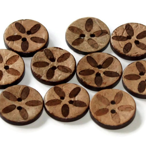 10 Coconut Shell Buttons - 18mm - Natural Brown - Wooden - Dark Flower - Petal Patterned - NW20