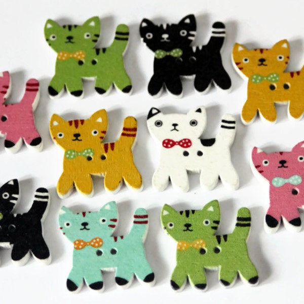10 Cat Shaped Buttons - Wooden Button - 24mm x 25mm - Printed Buttons - Animal Buttons - Pet Buttons - Green Cat Crafts - PW151