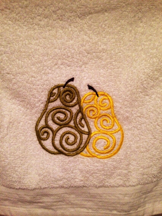 Items similar to Embroidered Pear with Swirls Hand Towel on Etsy
