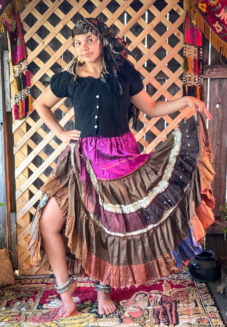 Fushia Brown Combo Martinesque Ruffled Multi-Tier Silk Skirt Gypsy Skirt Pirate Skirt Fairy Skirt Tribal Belly Dance Skirt Wedding Skirt