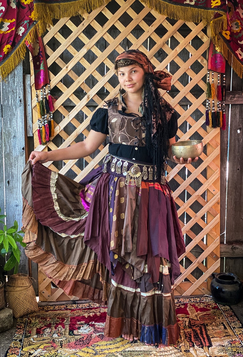 Fushia Brown Combo Martinesque Ruffled Multi-Tier Silk Skirt Gypsy Skirt Pirate Skirt Fairy Skirt Tribal Belly Dance Skirt Wedding Skirt