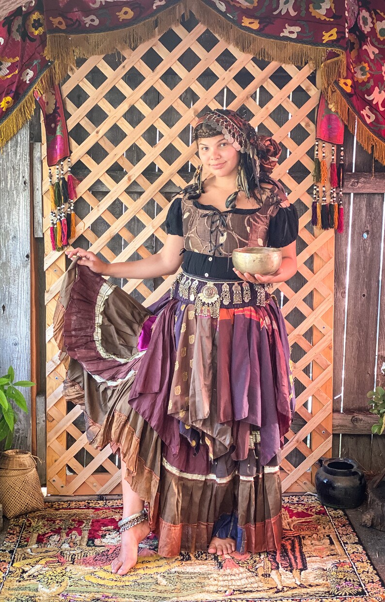 Fushia Brown Combo Martinesque Ruffled Multi-Tier Silk Skirt Gypsy Skirt Pirate Skirt Fairy Skirt Tribal Belly Dance Skirt Wedding Skirt