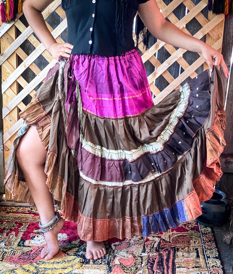 Fushia Brown Combo Martinesque Ruffled Multi-Tier Silk Skirt Gypsy Skirt Pirate Skirt Fairy Skirt Tribal Belly Dance Skirt Wedding Skirt