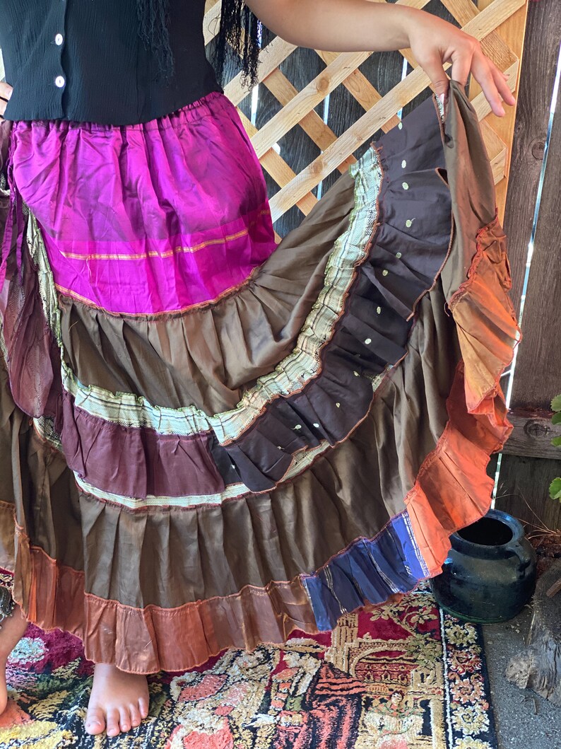 Fushia Brown Combo Martinesque Ruffled Multi-Tier Silk Skirt Gypsy Skirt Pirate Skirt Fairy Skirt Tribal Belly Dance Skirt Wedding Skirt
