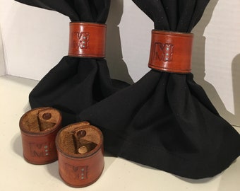 Handmade Leather Napkin Rings with Initial with Turquoise Accent Set of 4