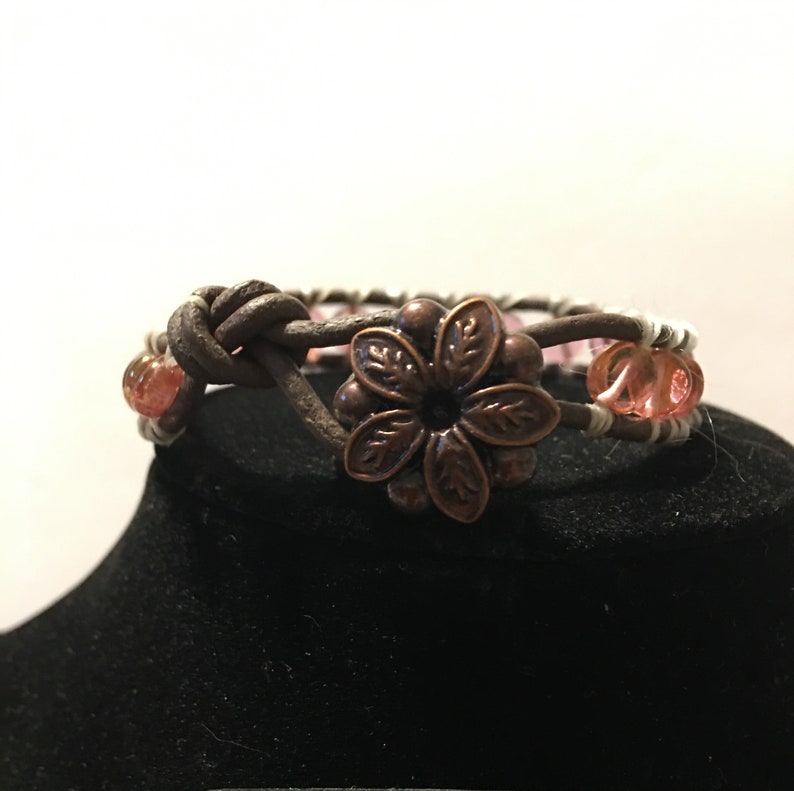 Handmade Leather and Pink Bead Bracelet and Earring set