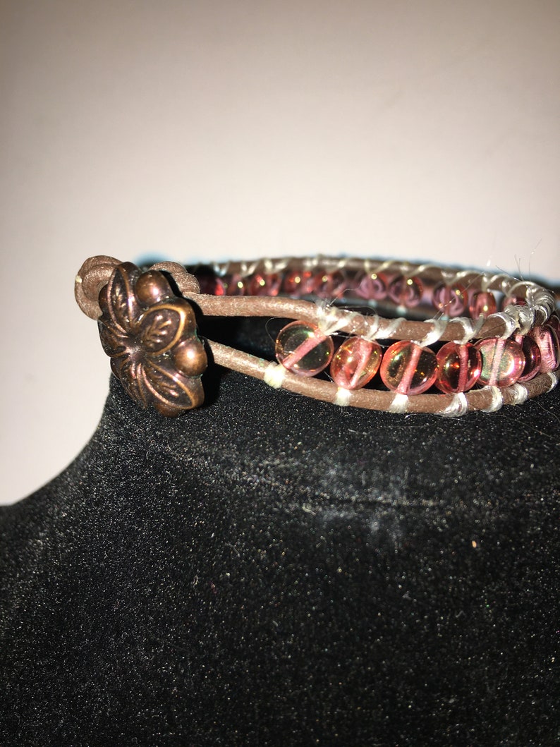 Handmade Leather and Pink Bead Bracelet and Earring set