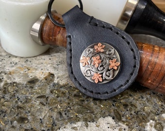 Handcrafted Leather floral with copper Key Ring or Purse Charm