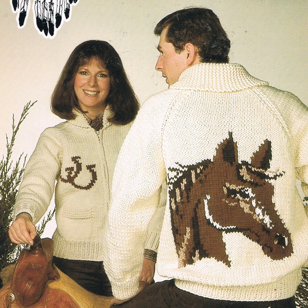 Suéter Vintage tejer patrón - cabeza de caballo marrón Cowichan Vintage suéter - chaqueta cuello de chal - cacique de los Patons 1027