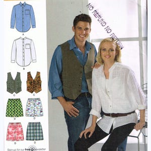 May include: Simplicity sewing pattern 2741 showing a man and woman modeling clothing. The pattern includes options for shirts, waistcoats, and skirts. The text "easy-to-sew" is displayed on the pattern cover.