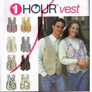 May include: Simplicity sewing pattern 8678 for vests. The pattern features multiple vest designs, including plaid, floral, and solid options. The cover shows a man and woman wearing vests. The text on the pattern reads "1 HOUR vest".