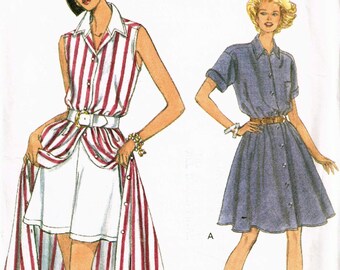 Size 6-10 Misses' Easy Sleeveless Or Short Sleeve Button Front Long Shirt Dress With Pull On Shorts Sewing Pattern - Vogue 8383