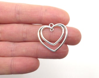 10pcs 25mm Silver Open Double Heart 2 Hole Connector Charm