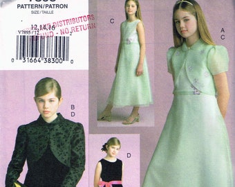 Size 12-16 Girls Formal Sleeveless A Line Dress WIth Sheer Over Dress & Bolero Jacket Sewing Pattern - Vogue Girl 7895