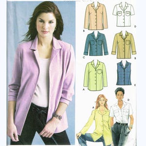 May include: Simplicity sewing pattern 5455 for women's shirts and blouses. The pattern includes various shirt styles, with a woman wearing a light purple blazer. The pattern size is R5, sizes 14-22.