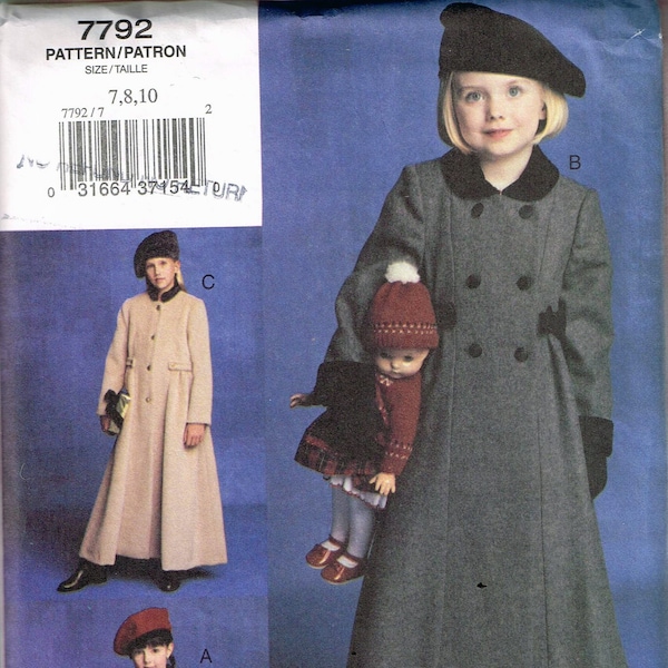 Sizs 7-10 Girls Double Breast Princess Seam Ankle Length Coat & Beret Hat Sewing Pattern - Vogue 7792