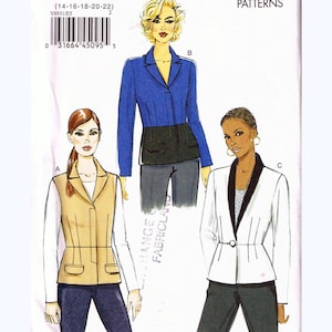 Peut inclure: Patron de couture Vogue Patterns V8931. Le patron présente des illustrations de trois styles de vestes différents. Le patron comprend la gamme de tailles E5 (14-16-18-20-22). Le logo Vogue Patterns est dans le coin supérieur droit.