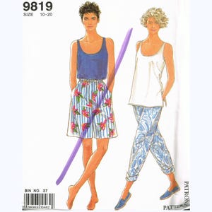 May include: A sewing pattern titled "It's SO EASY" by "it's Simplicity" featuring illustrations of two outfits: a blue tank top with a floral skirt and a white tank top with patterned pants. The pattern number is 9819, size 10-20.