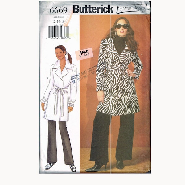 Size 12-16 Misses' Easy Mid Thigh Princess Seam Trench Coat With Belt Sewing Pattern - Butterick 6669