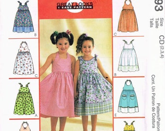 Size 2-4 Toddler Girls Easy Sleeveless  Calf Length Halter Dress Sewing Pattern - McCalls 2093