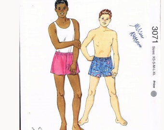 Size XS-XL Boys Easy Front Fly Elastic Waist Boxer Shorts Sewing Pattern - Kwik Sew 3071