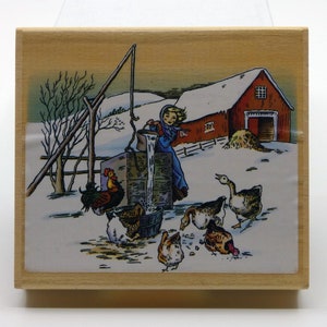 Tampon en caoutchouc pour fille d'hiver nourrissant des oies - Corgi Cottage Industries