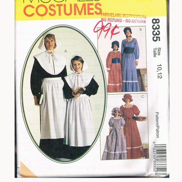 Size 10-12 Girls Pilgrim or Pioneer Dress Costumes Sewing Pattern - McCalls 8335