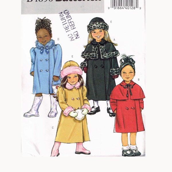 Girls Size 6-8 Easy Double Breast Long Coat With Capelet Sewing Pattern - Butterick B4650