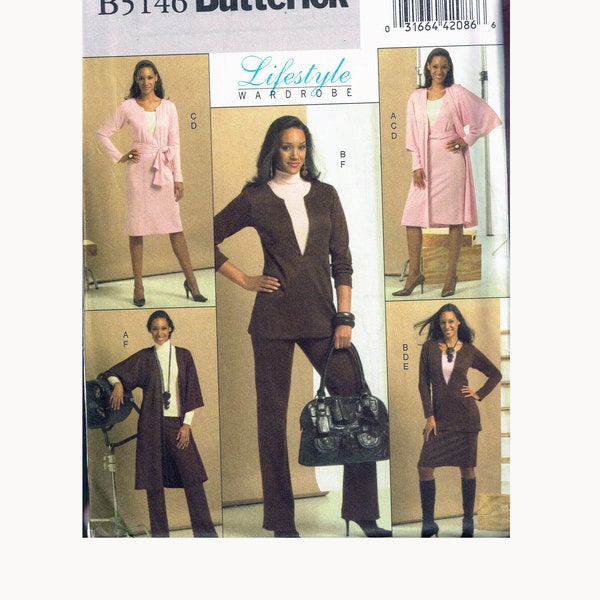 Size 8-14 Misses Easy V Neck Dress With Jacket & Pull On Skirt Or Pants Sewing Pattern - Butterick B5146