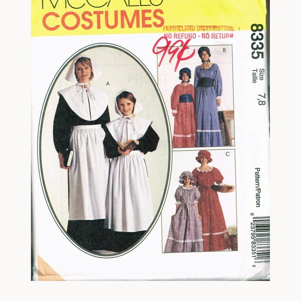 Size 7-8 Girls Pilgrim or Pioneer Dress Costumes Sewing Pattern - McCalls 8335