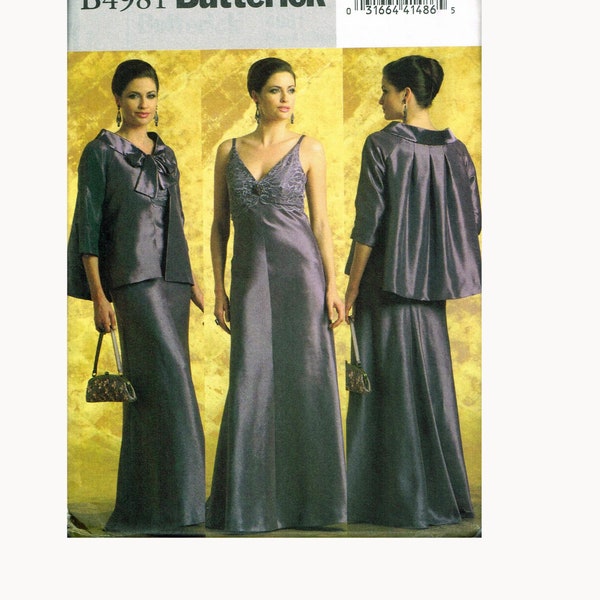 Size 6-12 Misses' Easy Retro Formal Deep V Neck Floor Length Slip Dress & Jacket WIth Back Pleats Sewing Pattern  - Butterick B4981